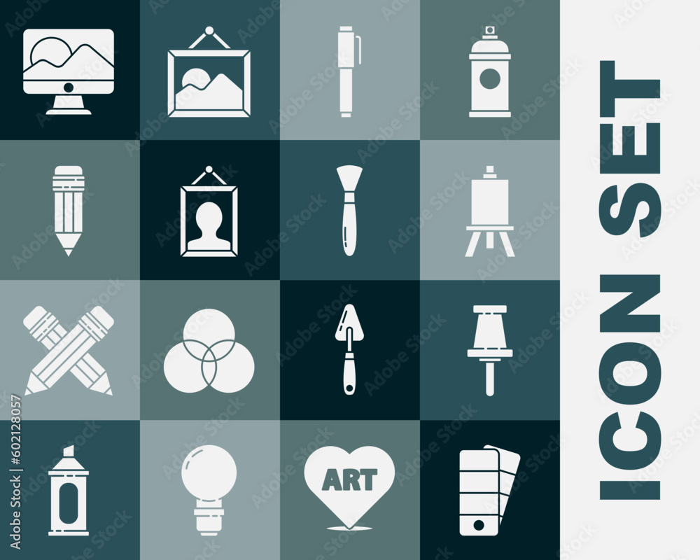 Set Palette, Push pin, Easel or painting art boards, Pen, Picture, Pencil with eraser, Computer monitor screen and Paint brush icon. Vector Set Palette, Push pin, Easel or painting art boards, Pen, Picture, Pencil with eraser, Computer monitor screen and Paint brush icon. Vector