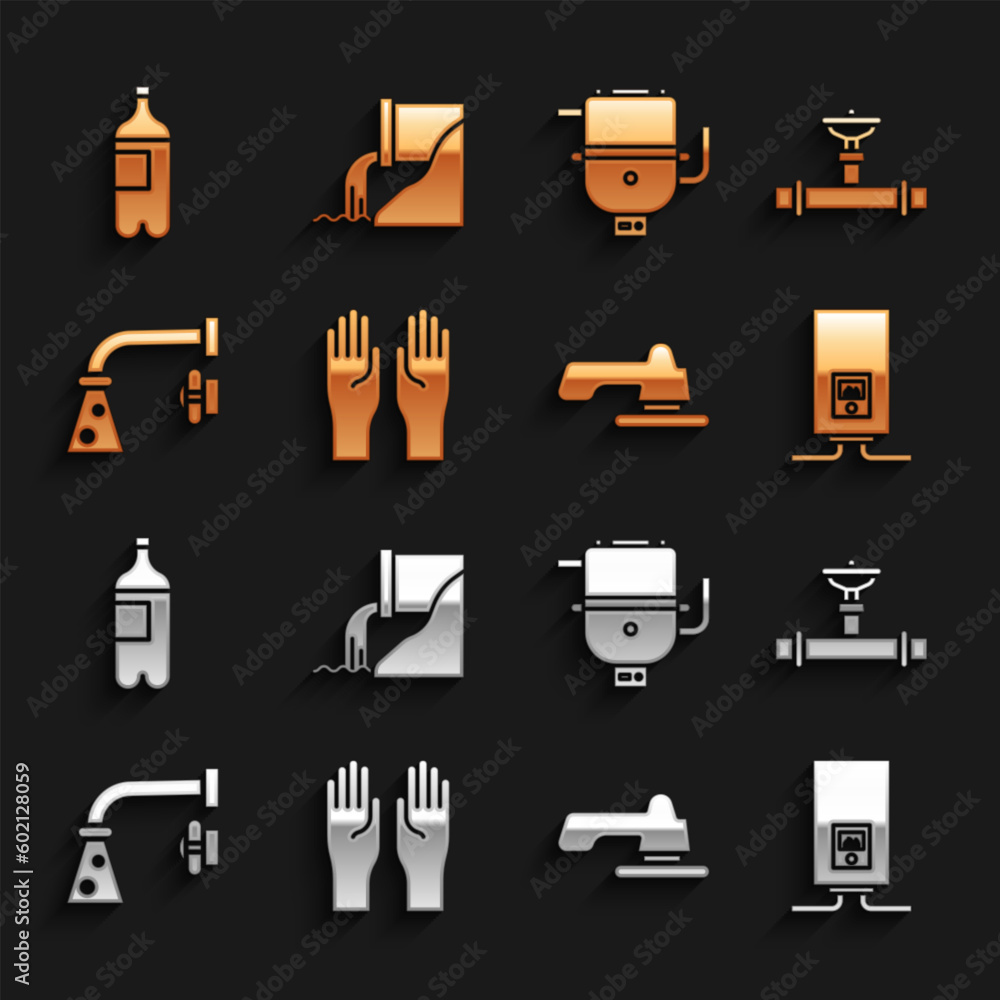 Set Rubber gloves, Industry pipe and valve, Gas boiler with burning fire, Water tap, Electric for heating water, Bottle of and Wastewater icon. Vector Set Rubber gloves, Industry pipe and valve, Gas boiler with burning fire, Water tap, Electric for heating water, Bottle of and Wastewater icon. Vector