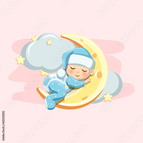 A small child boy in a blue pajamas and a cap sleeps sweetly on the yellow moon in the clouds. Vector illustration.