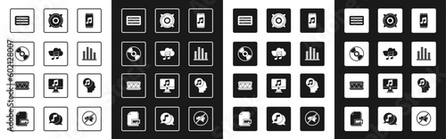 Set Music player, streaming service, CD or DVD disk, Sound mixer controller, equalizer, Stereo speaker, Musical note human head and Drum icon. Vector