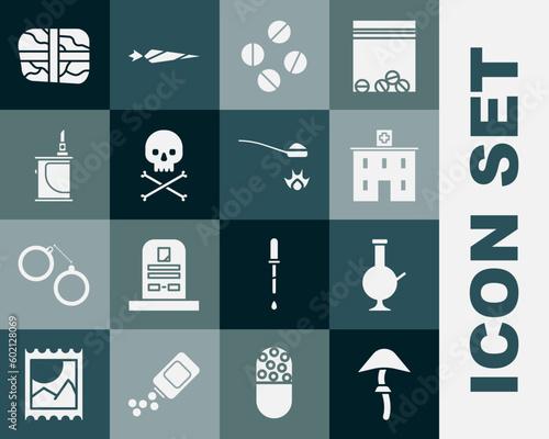 Set Psilocybin mushroom, Glass bong for smoking marijuana, Medical hospital building, Medicine pill tablet, Skull crossbones, Electronic cigarette, Package with cocaine and Heroin spoon icon. Vector