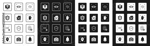 Set Voice recognition, Smart home with face id, Fingerprint in shield, Monitor fingerprint, Palm, Eye scan, Rejection and icon. Vector