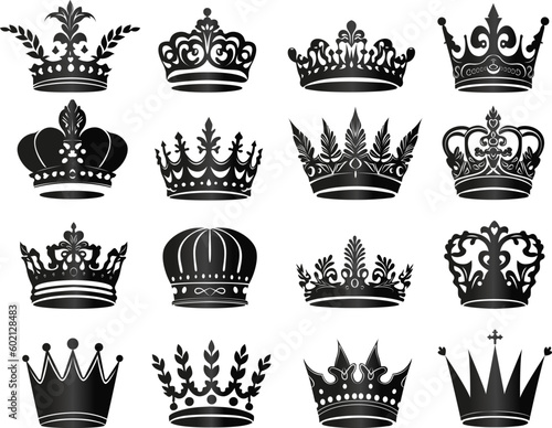 vector collection of simple black crowns isolated. Royalty crowns set