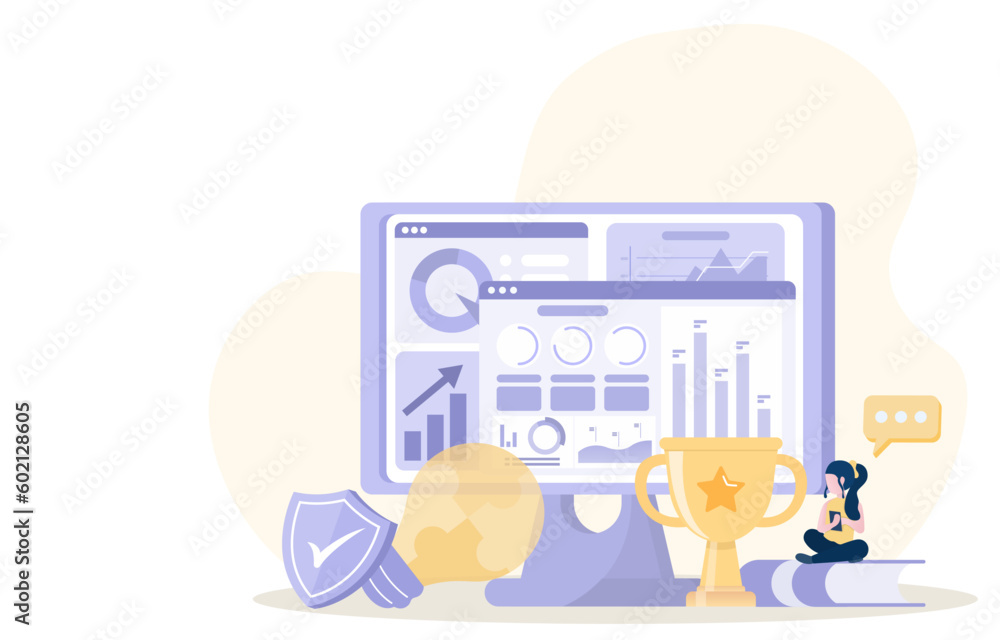 Obraz premium Data analysis and statistic concept. Businesswoman is managing, analyzing, and planning online business data. Businesses get trends and opportunities to compete in the market. Vector illustration.