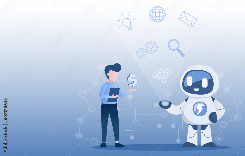 Innovation communication concept. Robot hand showing virtual business icon. It represents the link between technology and human evolution working together to achieve progress and innovation.