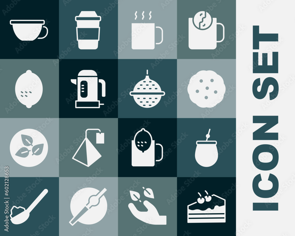 Set Piece of cake, Mate tea, Cookie or biscuit, Cup, Electric kettle, Lemon, and Ball strainer icon. Vector Set Piece of cake, Mate tea, Cookie or biscuit, Cup, Electric kettle, Lemon, and Ball strainer icon. Vector