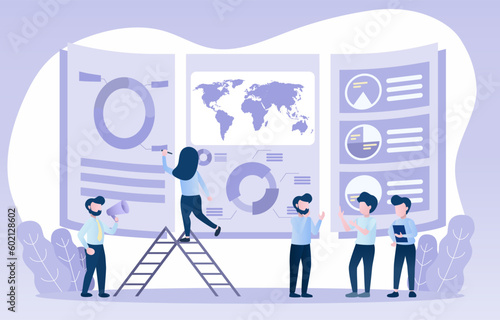 Business teamwork concept. Members meet to discuss and brainstorm project on a dashboard. Analyze financial information, tactical plans, management strategy, and other data to improve and develop.