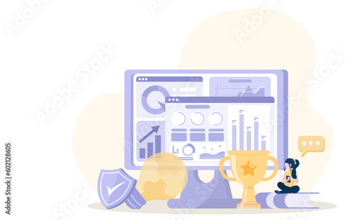 Data analysis and statistic concept. Businesswoman is managing, analyzing, and planning online business data. Businesses get trends and opportunities to compete in the market. Vector illustration.