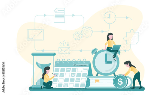 Business ideas. Business people planning and managing tasks, time, assignments and schedule checks. Calendar marking plan for work. Flat vector illustration.