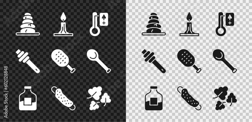 Set Stack hot stones, Burning candle, Sauna thermometer, Bottle of vodka, Washcloth, Oak leaf, Honey dipper stick and brush icon. Vector