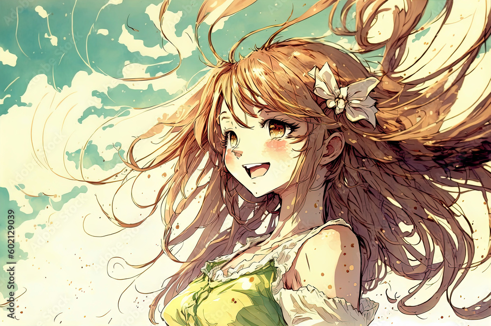 Cute long haired anime girl enjoying breeze, beautiful red haired anime