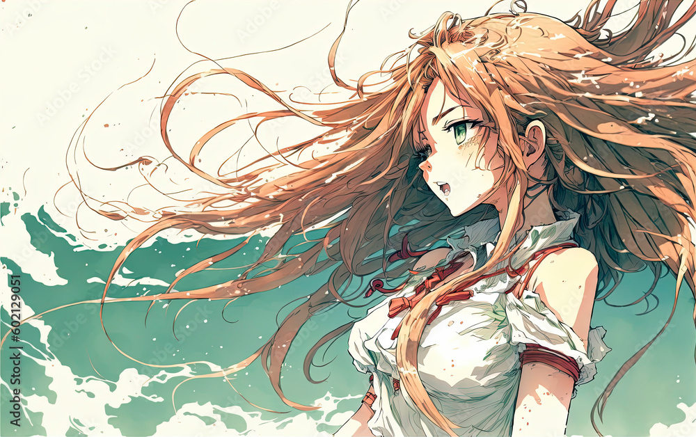 Cute long haired anime girl enjoying breeze, beautiful red haired anime