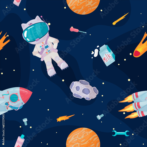 Cosmonaut in outer space. UFOs, spaceships, rockets. Solar system, intergalactic travel. Galaxies, planets, asteroids, comets, shooting stars. Vector illustration in cartoon style on  background.