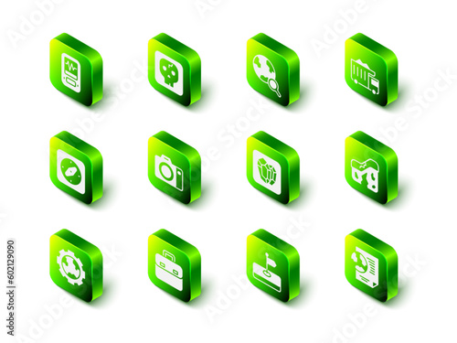 Set Archeology, Magnifying glass with globe, Mining dump truck, Geological fault, Earth document, Gem stone, Flag and Briefcase icon. Vector