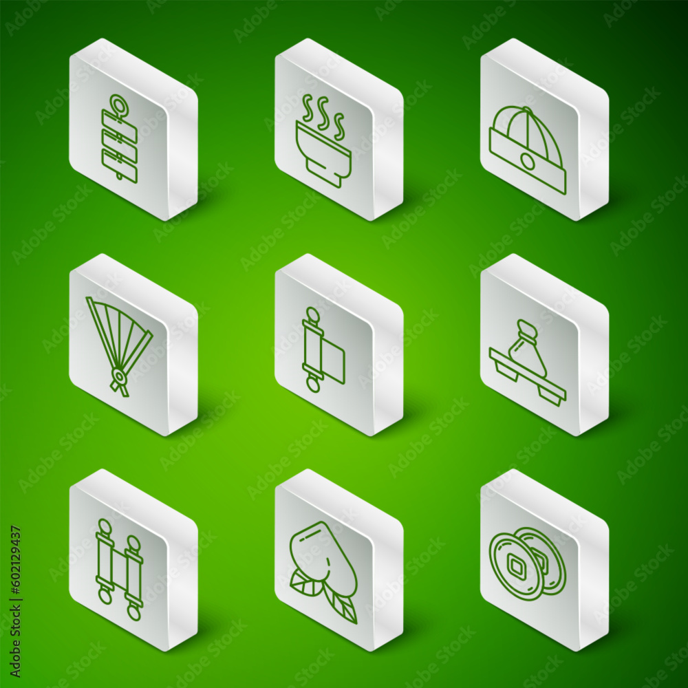 Set line Chinese Yuan currency, Peach fruit, Firework, Decree, paper, parchment, scroll, Paper chinese folding fan, tea ceremony, and Dumpling cutting board icon. Vector Set line Chinese Yuan currency, Peach fruit, Firework, Decree, paper, parchment, scroll, Paper chinese folding fan, tea ceremony, and Dumpling cutting board icon. Vector