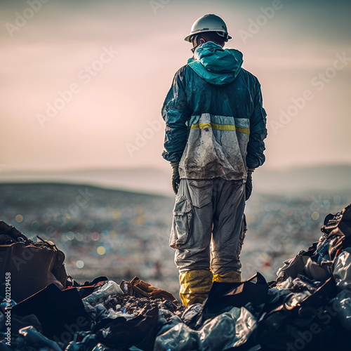 Scientists / workers in chemicals protective suits investigate waste on a landfill, environmental pollution, AI generated and digitally subsequently processed. photo