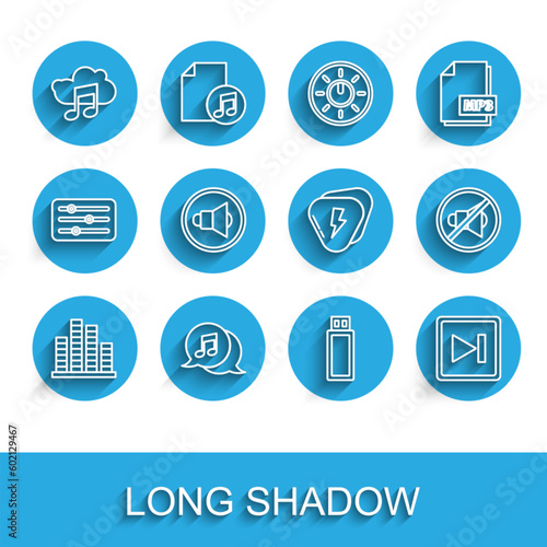 Set line Music equalizer, Musical note in speech bubble, streaming service, USB flash drive, Fast forward, Speaker volume, mute and Guitar pick icon. Vector