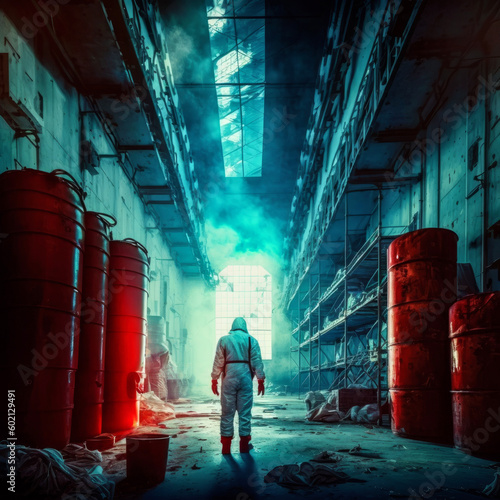 Scientists / workers in chemical protective suits examine chemical barrels in an old warehouse / department store - AI generated image digitally post-processed photo