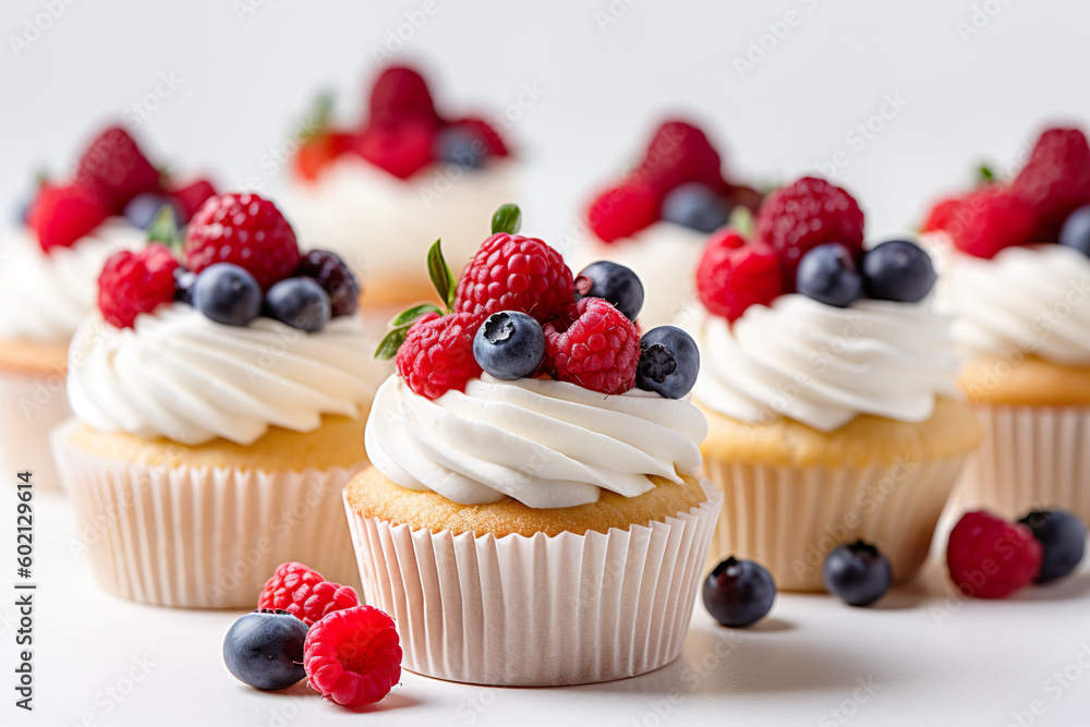 A group of cupcakes with white frosting and berries on top. AI generative 4th of July Independence day patriotic food styling A group of cupcakes with white frosting and berries on top. AI generative 4th of July Independence day patriotic food styling
