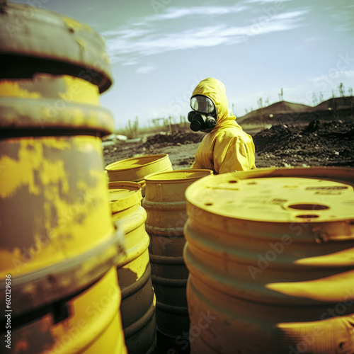 Scientists / workers in chemical protective suits examine chemical barrels in an old warehouse / department store - AI generated image digitally post-processed photo