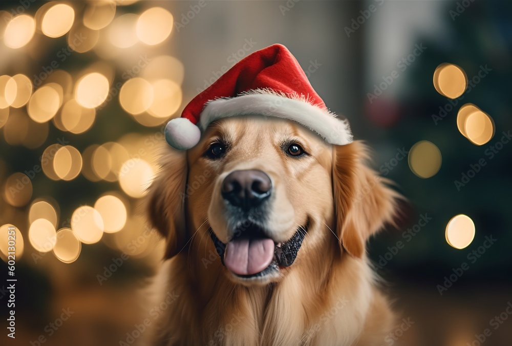 Christmas dog dressed in a Santa hat sits near a decorated Christmas tree on a holiday evening, generative ai Christmas dog dressed in a Santa hat sits near a decorated Christmas tree on a holiday evening, generative ai