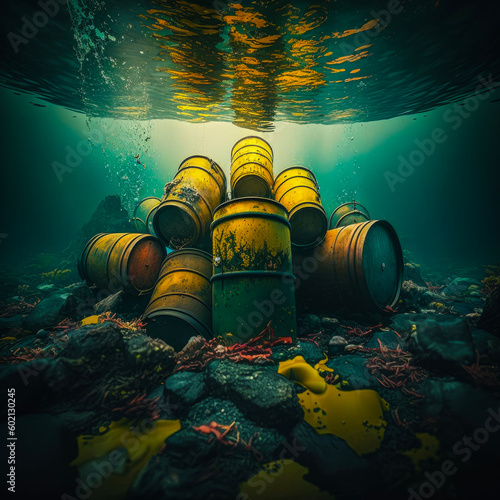 Rusty barrels under water, in the lake / sea, nuclear waste, chemical waste, environmental pollution in the water, water contamination photo