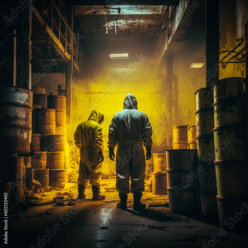 Scientists / workers in chemical protective suits examine chemical barrels in an old warehouse / department store - AI generated image digitally post-processed photo