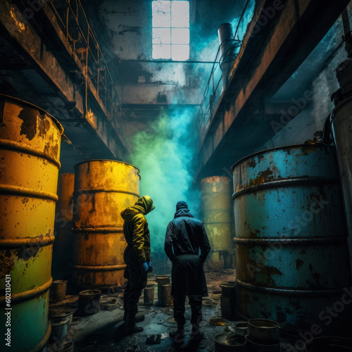 Scientists / workers in chemical protective suits examine chemical barrels in an old warehouse / department store - AI generated image digitally post-processed photo