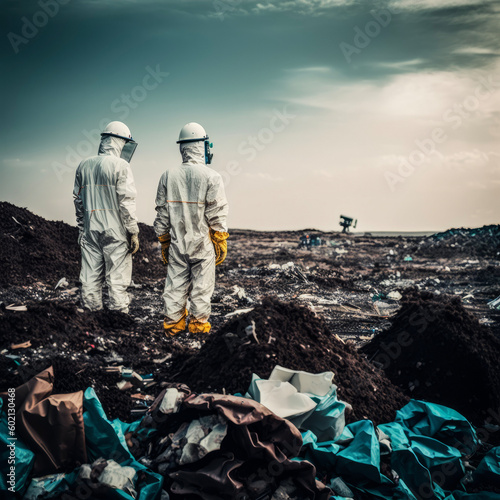 Scientists / workers in chemicals protective suits investigate waste collectors with toxic chemicals in a landfill, environmental pollution, AI generated and digitally subsequently processing  photo