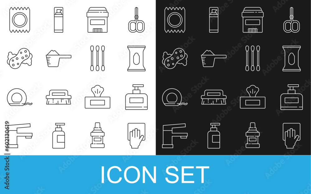 Set line Cleaning service, Bottle of shampoo, Wet wipe pack, Antiperspirant deodorant roll, Washing powder, Sponge, Condom package safe sex and Cotton swab for ears icon. Vector