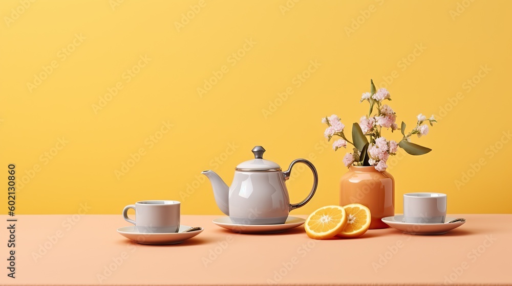 Fototapeta premium cup of tea and teapot with orange slices on yellow background