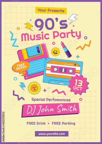 80's 90's Music Party Poster with Floppy Disk, Cassette, Lipstick, with Hipster Cartoon Colorful Style © Agung Wibisono