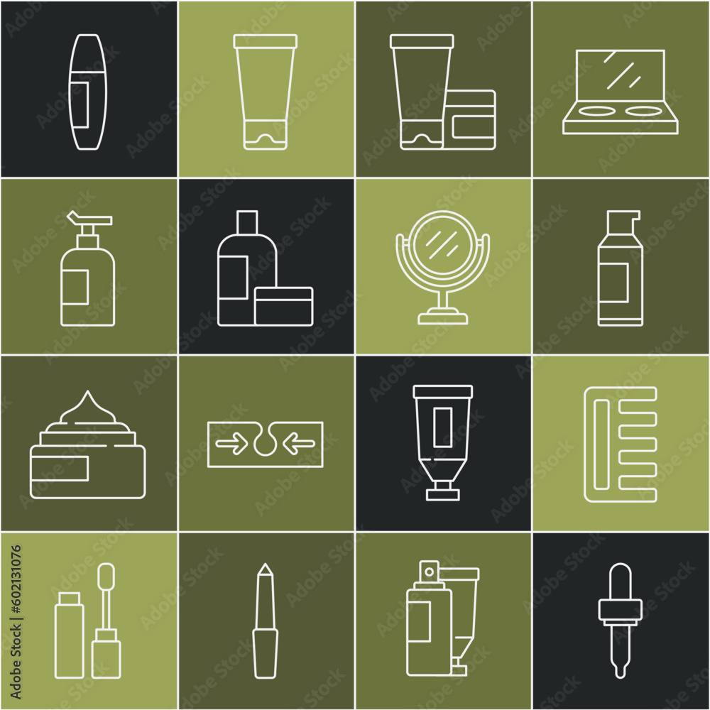 Set line Pipette, Hairbrush, Spray can for hairspray, Cream lotion cosmetic tube, Mascara and Round makeup mirror icon. Vector Set line Pipette, Hairbrush, Spray can for hairspray, Cream lotion cosmetic tube, Mascara and Round makeup mirror icon. Vector