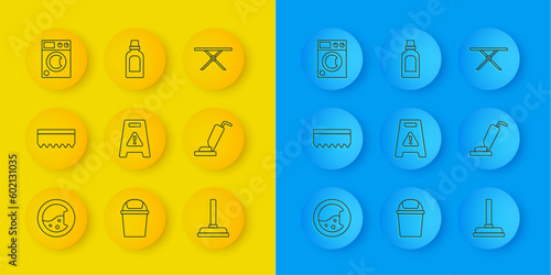 Set line Washer, Sponge, Wet floor, Rubber plunger, Vacuum cleaner, Ironing board and Bottle for cleaning agent icon. Vector