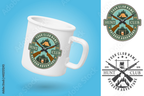 White camping cup. Realistic mug mockup template with sample design. Hunting club badge, patch. Vector. Vintage typography design with hunting gun, pot on the fire, camping tent and forest silhouette