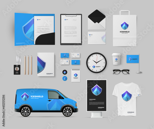 Corporate identity with blue shield logo and bright background. Minimal style modern logo with branding template pack for defence and security company. Vector mock up.