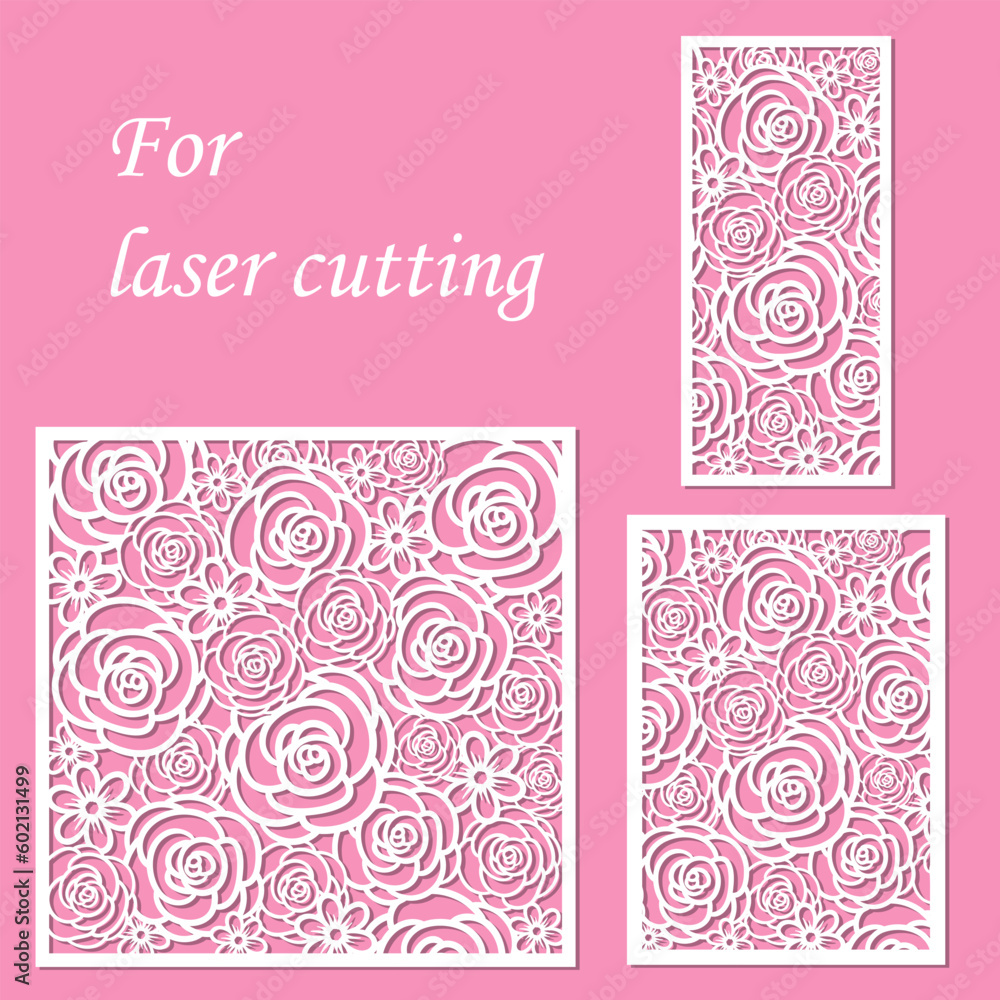 A set of templates for laser cutting with floral ornaments. For the design of wedding cards, invitations, menus, interior decorations, furniture. Vector