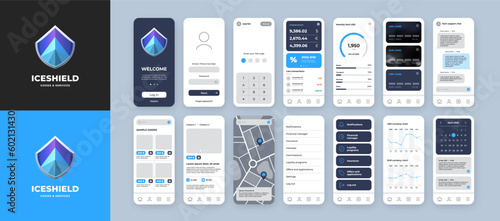 UI UX mobile app template with blue shield gradient logo and bright background