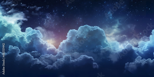 Fluffy volumetric clouds at night against a dark blue sky with stars background. A.I. generated.