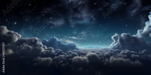Fluffy volumetric clouds at night against a dark blue sky with stars background. A.I. generated.