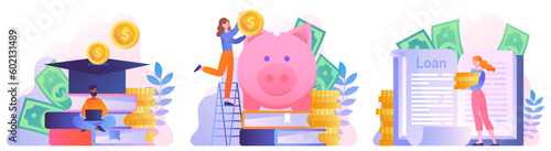 Education loan set. Collection of characters with gold coins and banknotes. University or college. Students saves for learning. Cartoon flat vector illustrations isolated on white background