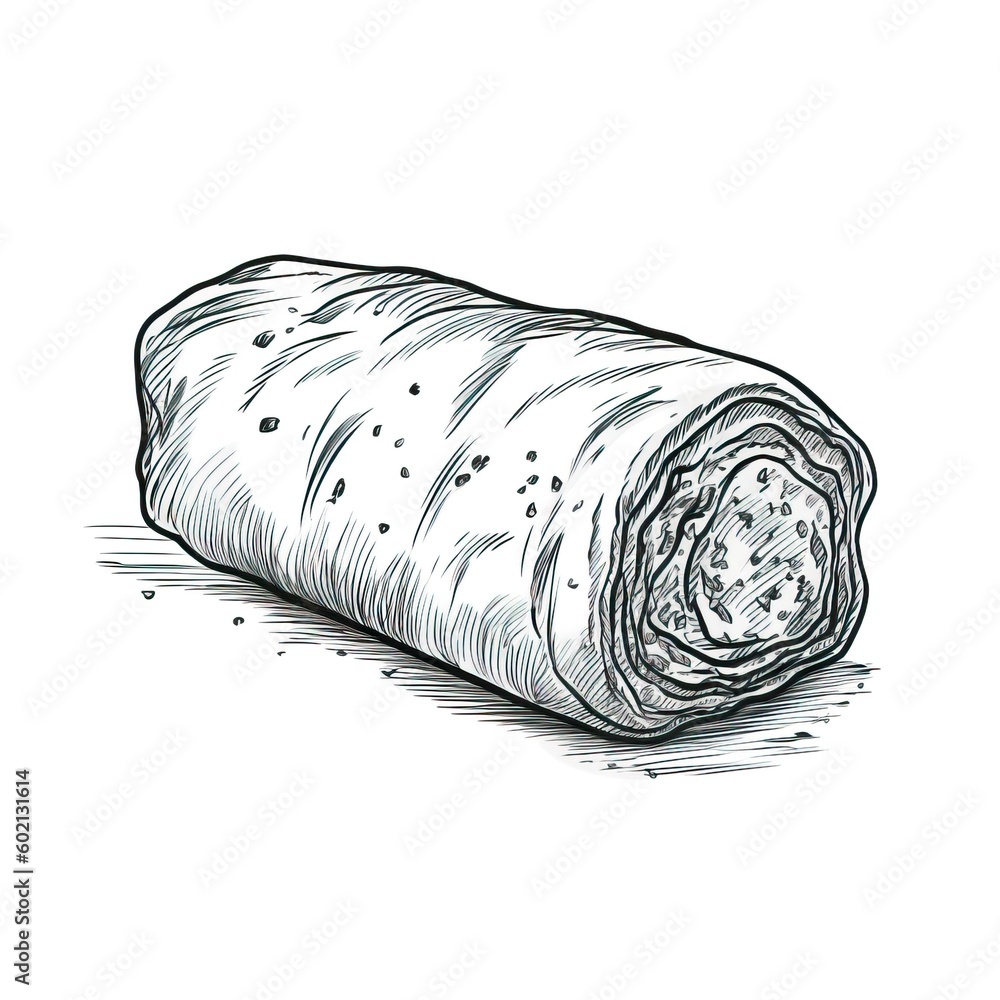 A hand drawn sketch of a classic sausage roll on a white background