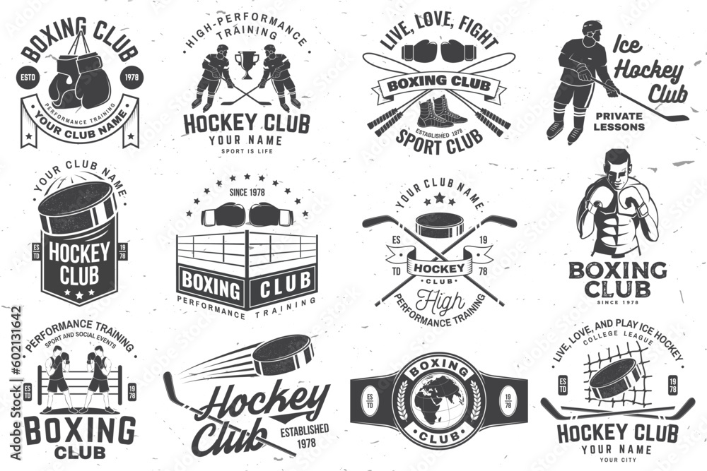 Set of Boxing club and Ice Hockey club badge, logo design. Vector. For Boxing and Ice Hockey club emblem, sign, patch, shirt, template. Sticker, patch with hockey player, sticker, puck , helmet