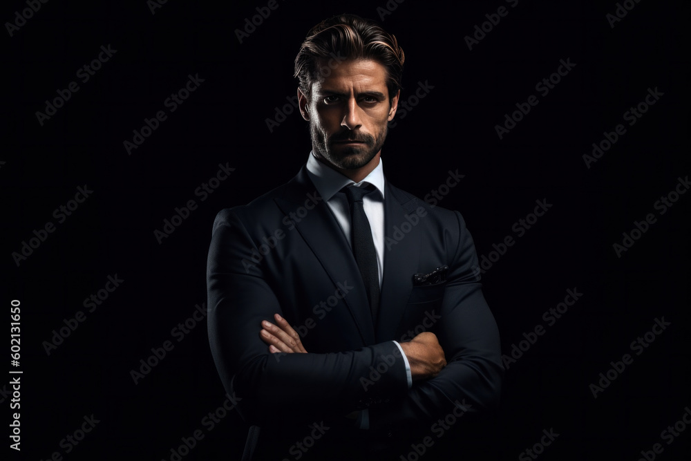 Handsome dressed man in suit standing confidently with folded arms against black background. Generative AI