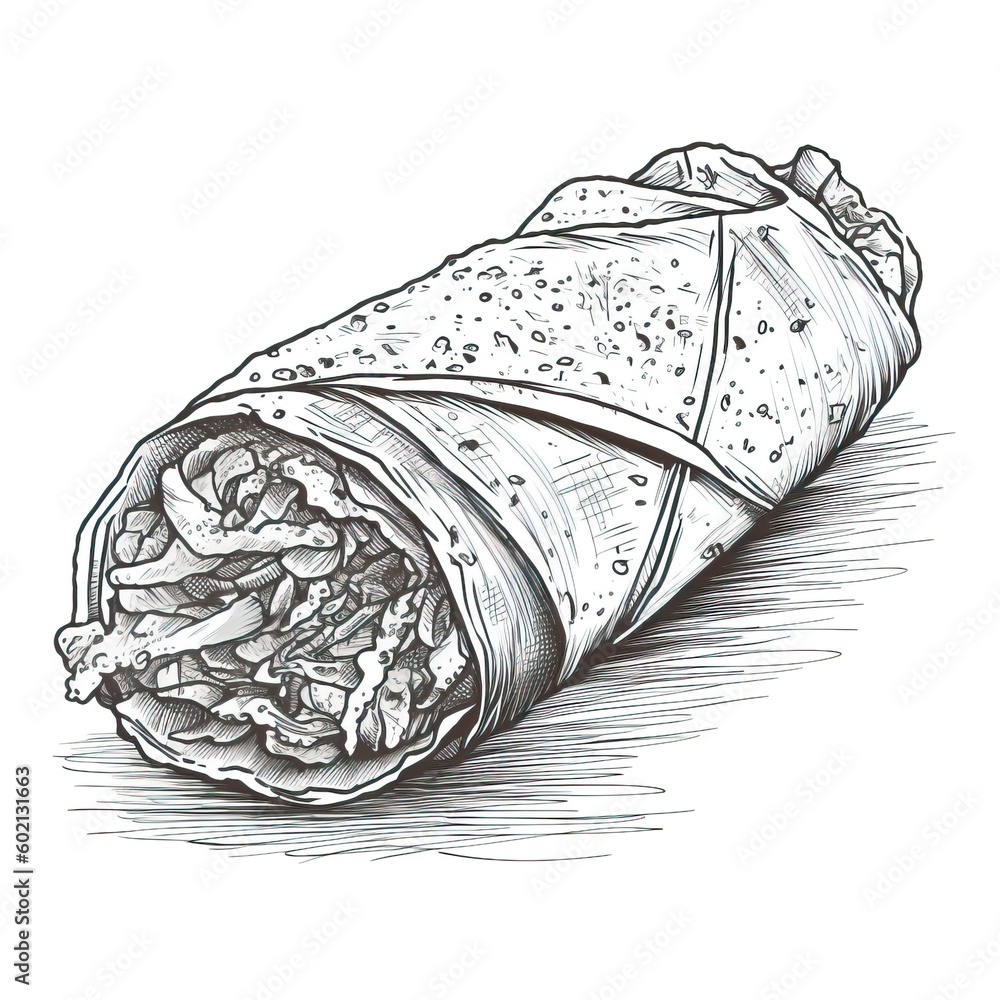 A illustration of a traditional Middle Eastern Shawarma dish with black ...
