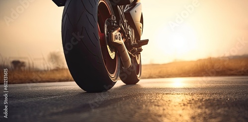Motorbike Driving At Sunset With Copyspace Generative AI photo