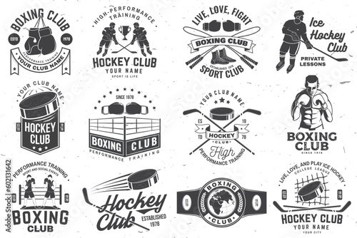 Set of Boxing club and Ice Hockey club badge, logo design. Vector. For Boxing and Ice Hockey club emblem, sign, patch, shirt, template. Sticker, patch with hockey player, sticker, puck , helmet