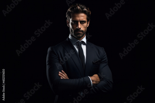 Handsome dressed man in suit standing confidently with folded arms against black background. Generative AI
