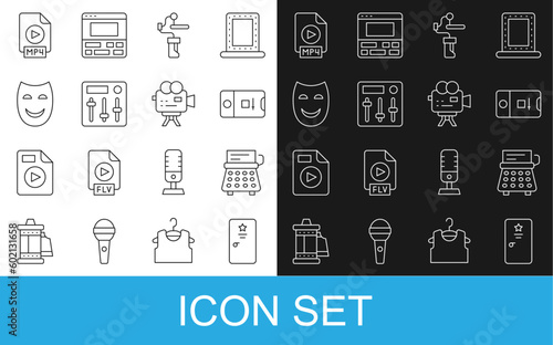 Set line Backstage, Retro typewriter, Photo and video shooting, Gimbal stabilizer for camera, Sound mixer controller, Comedy theatrical mask, MP4 file document and cinema icon. Vector