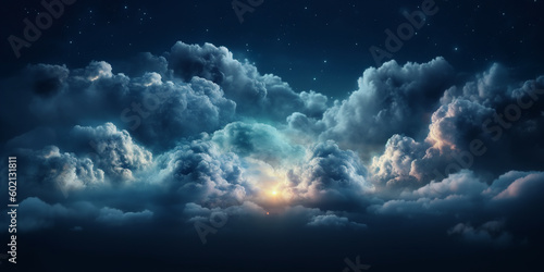 Fototapeta Fluffy volumetric clouds at night against a dark blue sky with stars background. A.I. generated.